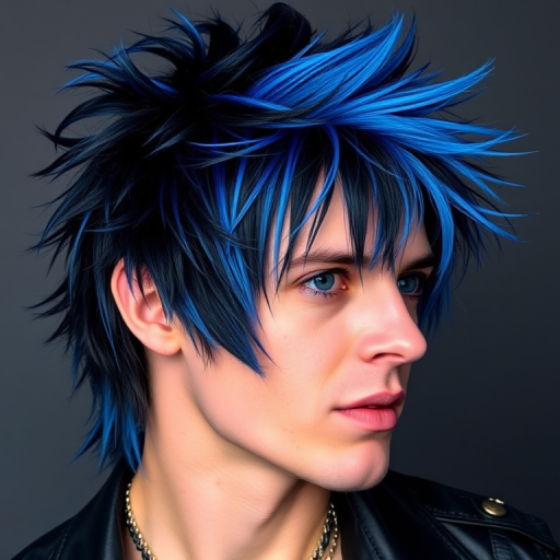 Edgy rock star sporting a choppy, layered mullet with electric blue tips and shaved sides, styled for maximum volume and attitude
