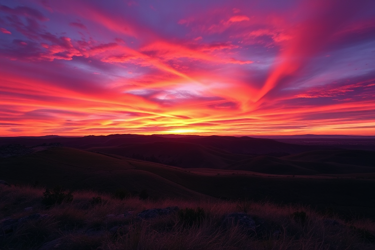 Create an imaginative and colorful sunset landscape with vibrant orange and purple hues over rolling hills, captured with a DSLR camera, aperture f/8, shutter speed 1/125s, ISO 200, wide-angle lens, shot from a low perspective to emphasize the foreground detail.