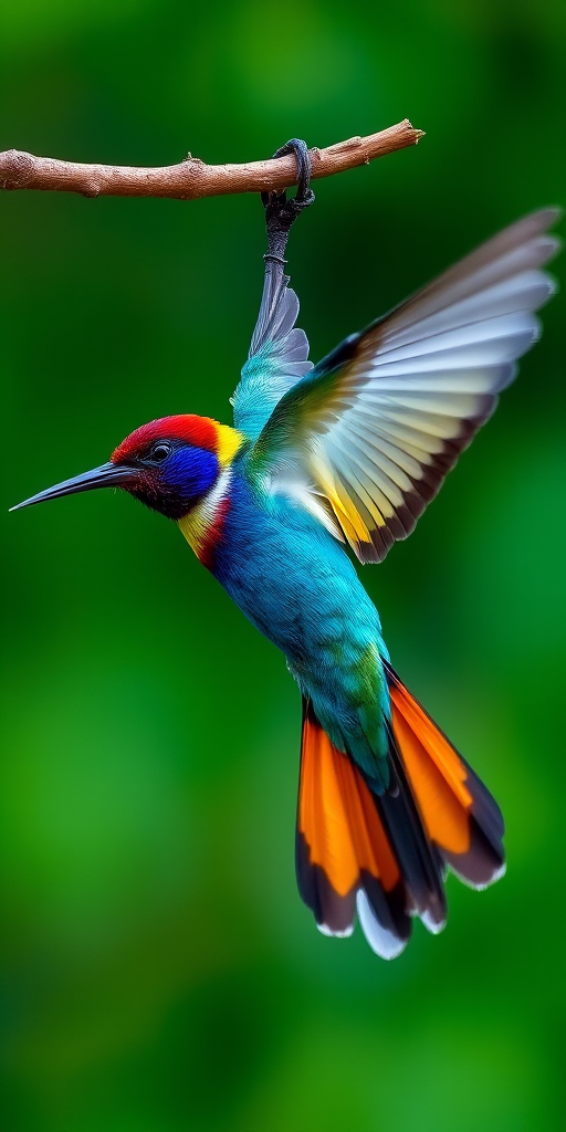 A colorful bird in mid-flight, hanging upside down from a branch, vivid green blurred background, taken with a DSLR camera, 85mm lens, f/2.8 aperture, ISO 100, 1/500s shutter speed, using a shallow depth of field for sharp focus on the bird.