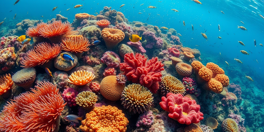 Regenerate a vibrant coral reef scene with diverse marine life, using a DSLR camera, ISO 200, f/8, 1/200 sec, 50mm lens, top-down view, macro style for enhanced detail and clarity.