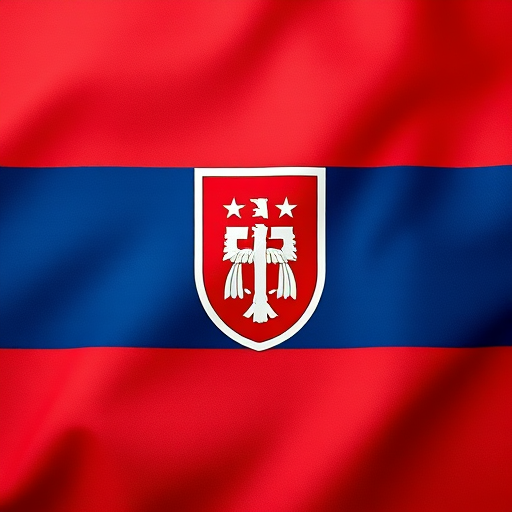Create a detailed representation of the Slovak flag with a coat of arms, using a DSLR camera at 50mm focal length, aperture set to f/8, ISO 200, and a soft diffused light source to enhance color vibrancy and clarity.