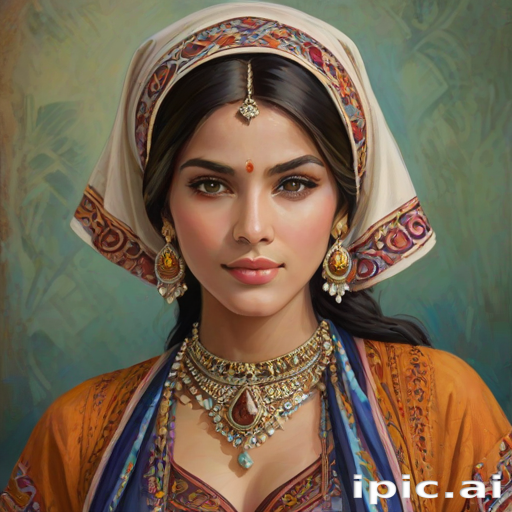 Create a portrait of a beautiful woman with striking hazel eyes and a gentle expression. She is adorned in traditional attire with intricate patterns, including a richly embroidered headscarf and matching garments. Her jewelry includes a delicate headpiece, dangling earrings, and ornate bracelets, all featuring vibrant gemstones and detailed metalwork. The background is soft and warm, enhancing the rich colors of her outfit and jewelry.