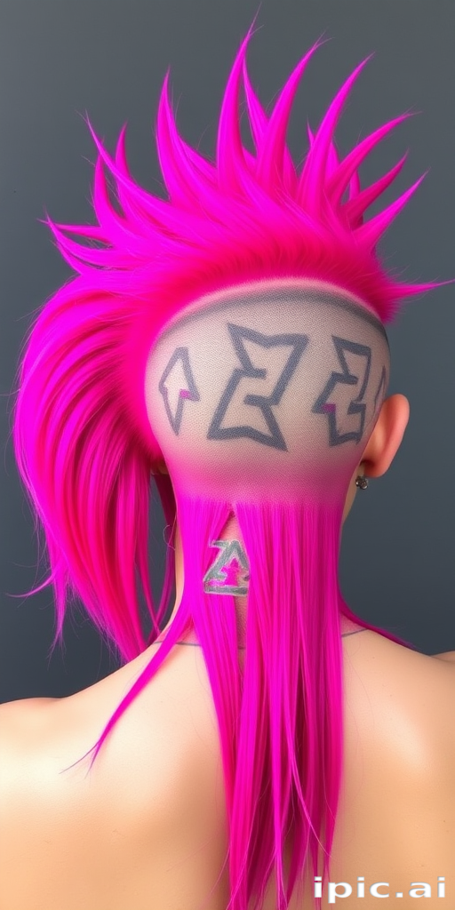Vibrant magenta mohawk with shaved sides and intricate geometric patterns, transitioning to long, flowing strands at the back in the daring "Neon Warrior" style