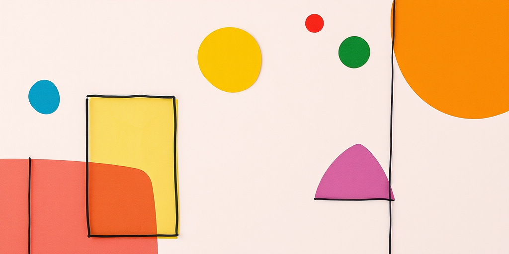 Create an abstract geometric artwork featuring colorful irregular shapes in black outlines on a soft pastel background, captured with a DSLR camera, 50mm lens, f/1.8 aperture, ISO 100, in bright natural light for enhanced vibrancy and detail.