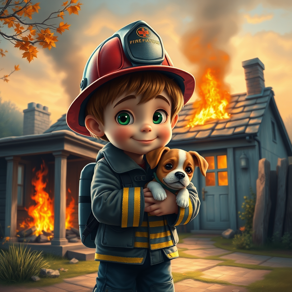 airbrushed oil painting, pixar style, cute little boy in fireman gear, helmet, tousled hair, expressive eyes, standing in the doorstep of a cottage burning behind him, holding a cute little dog in his arm, atumn sky