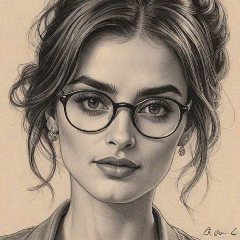 Enchanting Pen'lope Cruz, pencil sketch, portrait of Sublime woman 1925s in glasses, hair style beatnik, outline, clear lines, fine lines, 8k