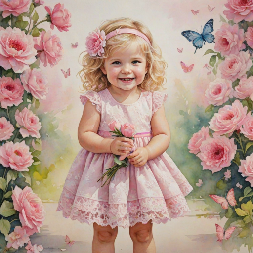 hyperrealism happy smiling toddler girl with messy wavy blonde hair with a headband, she is wearing a pink and white lace dress with pink and white shoes, she is holding a pink bouquet of flowers. Pink flowers and butterflies. summer background. Watercolor Highly detailed