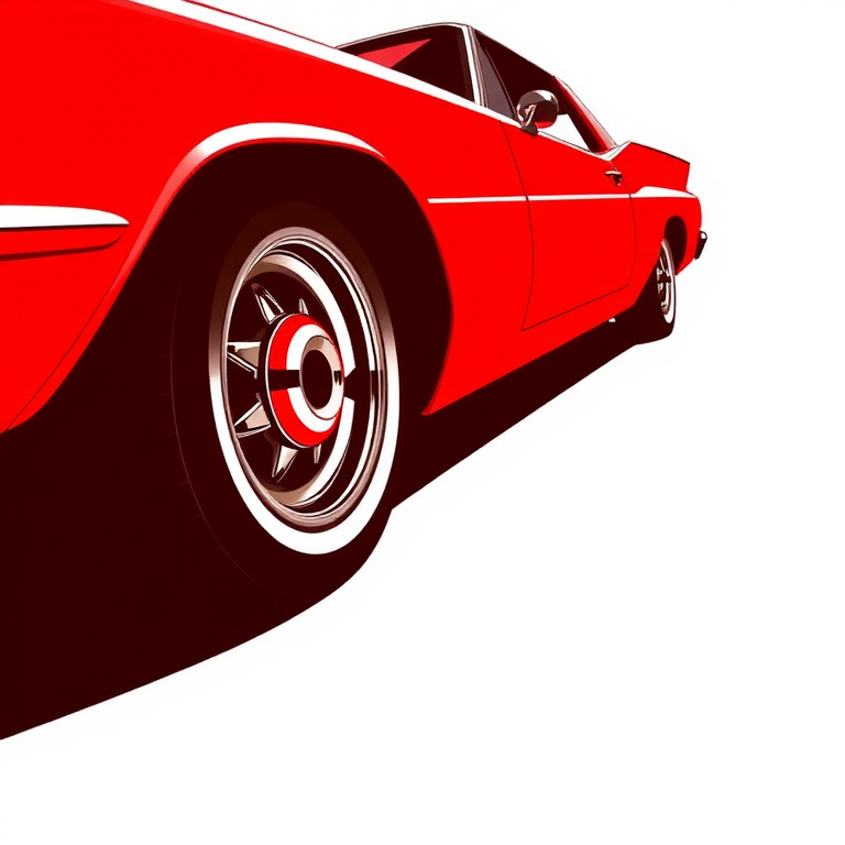 Create a vibrant illustration of a classic car from a low-angle perspective, emphasizing its curves and details, using high contrast red on a white background with a digital art style, set at 300 DPI.