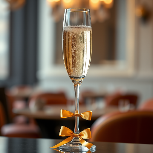 Create a high-resolution image of a champagne flute filled with bubbly champagne, adorned with a gold ribbon bow at the base, captured from a slightly elevated angle using a DSLR camera, aperture f/2.8, ISO 100, and a focal length of 50mm in a bright, elegant setting.