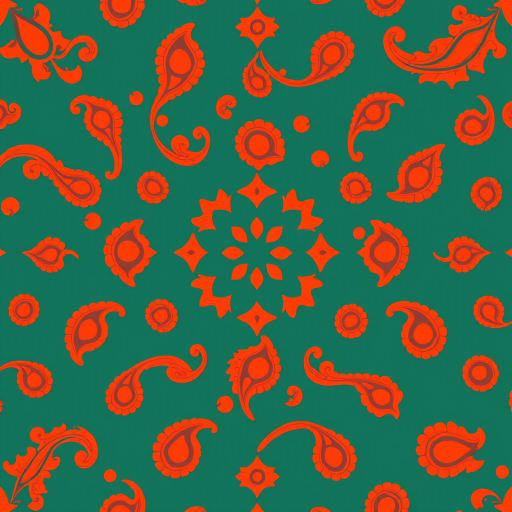 Create a vibrant orange and red paisley pattern background, camera settings: aperture f/2.8, shutter speed 1/125s, ISO 100, camera view: top-down, camera style: high-resolution digital art, camera type: DSLR.