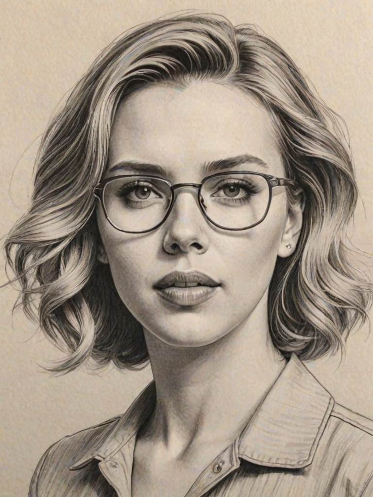 Attractive Scarlett Johansson, pencil sketch, portrait of Delightful woman 1970s in glasses, hair style beatnik, outline, clear lines, fine lines, 8k