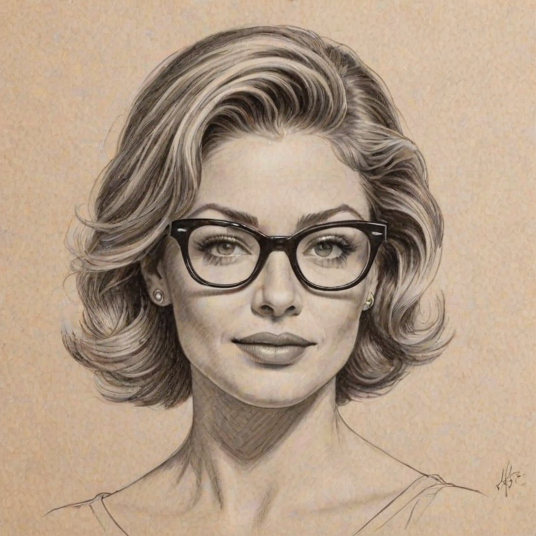 Appealing Rebecca Gayheart, pencil sketch, portrait of Appealing woman 1956s in glasses, hair style beatnik, outline, clear lines, fine lines, 8k