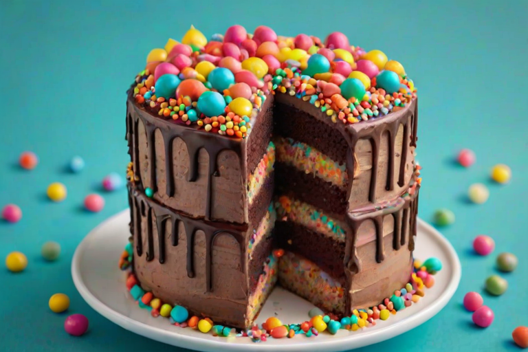 Generate an image of a multi-layered cake decorated with colorful sprinkles, chocolate pieces, and vibrant candies on top. The cake should be displayed on a white plate against a bright turquoise background.