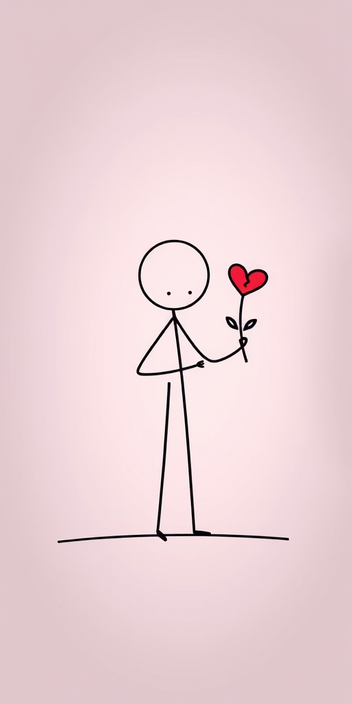 Create a digital illustration of a simple stick figure with a broken heart, holding a single flower, in a minimalistic style against a soft gradient background, using a Canon EOS R5 with a 50mm f/1.2 lens, aperture set to f/2.8, ISO 100, and a 1/200 second shutter speed for enhanced clarity and depth.