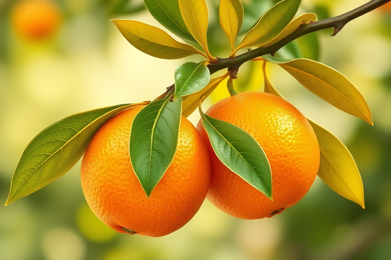 Regenerate a vibrant illustration of a branch with two ripe oranges and green leaves, using a Canon EOS 5D Mark IV camera with a 50mm lens, f/1.8 aperture, ISO 100, and soft natural lighting for enhanced detail and depth.