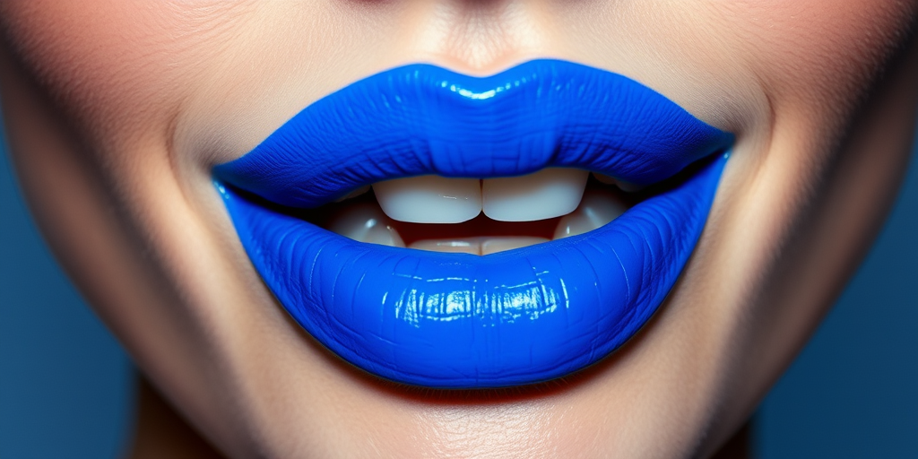 Fierce electric blue lips with a high-pigment matte finish, making a bold statement and showcasing confidence and creativity