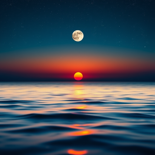 create a serene ocean sunset with smooth waves and a large moon rising above the horizon under a starry night sky, shot with a DSLR camera at f/8, ISO 100, 24mm lens, using a soft focus effect and vibrant colors, capturing a tranquil atmosphere