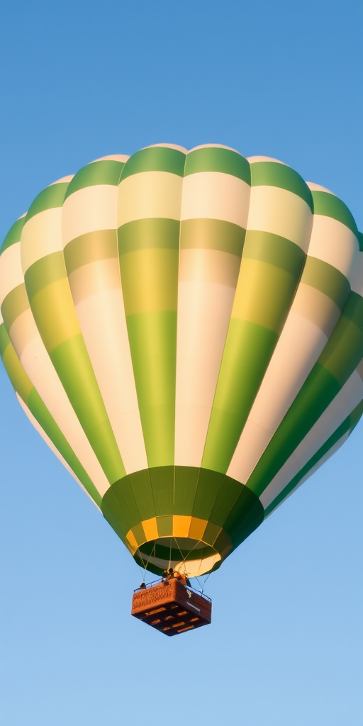 Create a high-resolution image of a hot air balloon with green and white stripes, captured from a low-angle view, using a DSLR camera with a 50mm lens, aperture set to f/2.8, ISO 100, and a shutter speed of 1/500s against a clear blue sky.