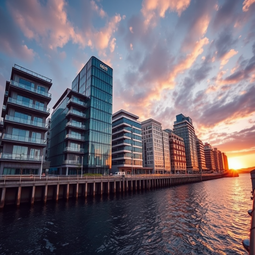 Capture a wide-angle view of modern architectural buildings along a waterfront during golden hour, with a focus on sharp details and rich colors, using a DSLR camera set at f/8 aperture, ISO 100, shutter speed 1/200 sec, and a 24mm lens for enhanced clarity and depth.