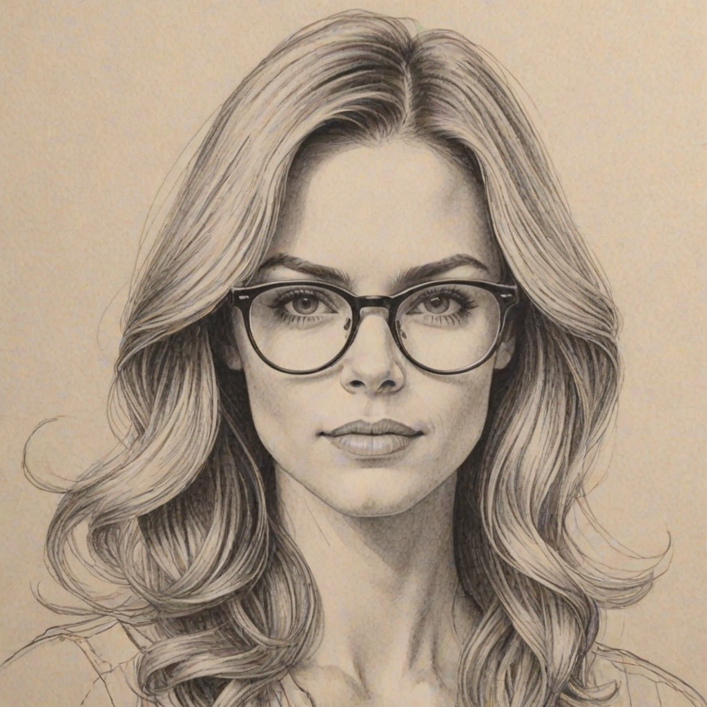 Exquisite Samantha Ponder, pencil sketch, portrait of Bewitching woman 1975s in glasses, hair style beatnik, outline, clear lines, fine lines, 8k