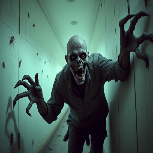 a crooked male with long arms and a creepy smile is crawling along a long white corridor and you can also see cockroaches in it there is a creepy atmosphere creepy art style
