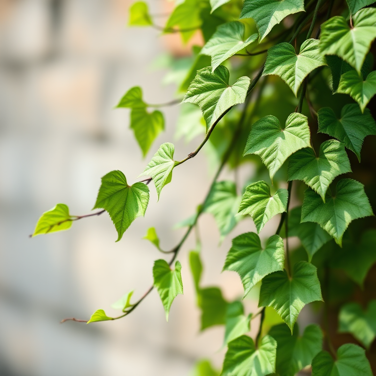 Create an illustration of a flowing green vine with detailed leaves in a vector style, use a 50mm lens, f/8 aperture, ISO 100, with a shallow depth of field and soft natural lighting, high-resolution digital image.