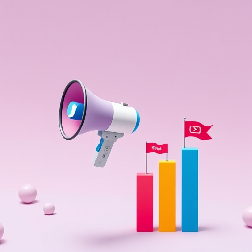 Create an illustration featuring a smartphone holding a megaphone with colorful flags representing social media platforms like Twitter, Instagram, YouTube, and Facebook on vertical bar graphs, shot with a Canon EOS R5, 24mm lens, f/2.8 aperture, ISO 100, in a flat lay view, with vibrant colors and sharp details.