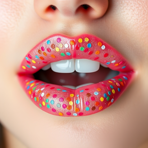 Playful confetti lips adorned with tiny multicolored specks on a clear gloss base, creating a festive and joyful appearance