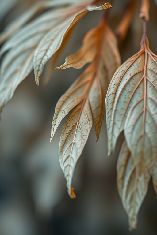 close-up of delicate dry leaves with intricate textures, shallow depth of field, soft natural light, captured with a Canon EOS R5, 100mm macro lens, aperture f/2.8, ISO 200, shutter speed 1/100 sec, focusing on the details of the leaves.