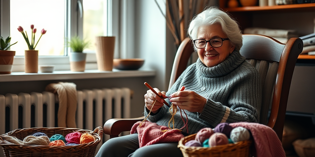 A cozy indoor scene featuring an elderly woman with glasses sitting in a wooden chair, smiling while holding knitting needles and surrounded by a basket of colorful yarn, natural light from a nearby window softly illuminating the room, shot with a DSLR camera, 50mm lens, aperture f/2.8, ISO 200, with a warm color tone and shallow depth of field to enhance detail and focus on the subject.