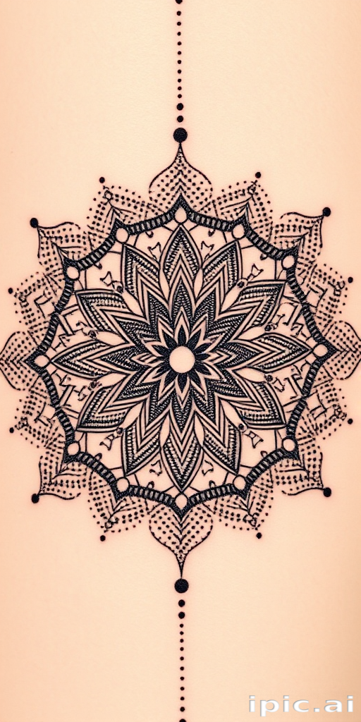 Dotwork mandala tattoo entitled "Cosmic Harmony" featuring an intricate geometric pattern composed entirely of tiny dots, gradually increasing in density to create mesmerizing gradients and intricate details, symbolizing the interconnectedness of the universe and the beauty of sacred geometry, perfect for those seeking a meditative and spiritually meaningful tattoo.
