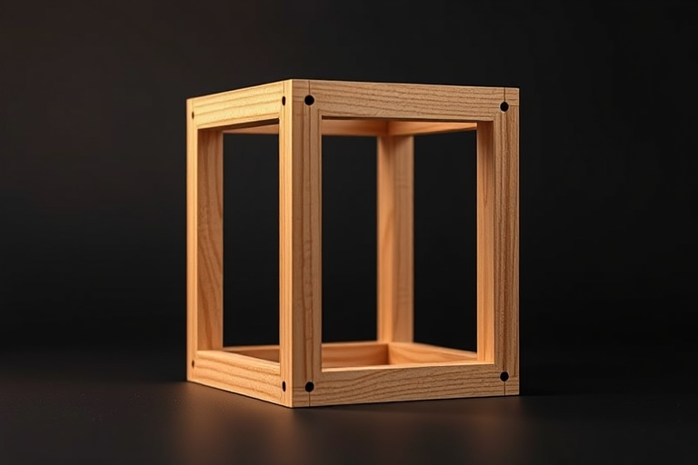 Create a 3D rendering of a wooden cube with an open framework, use a Canon EOS R5 camera, 50mm lens, f/1.8 aperture, ISO 100, focus on sharp details and warm lighting against a dark gradient background.