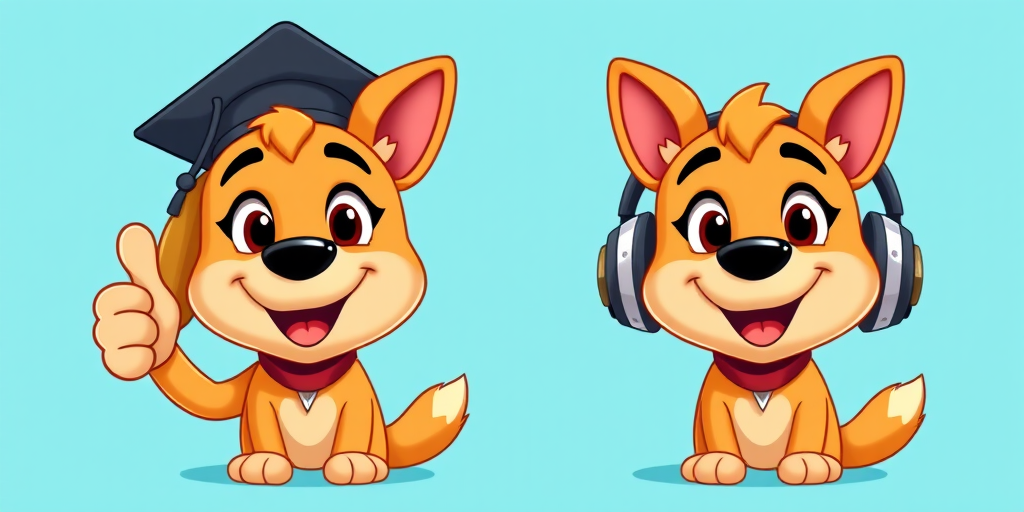 Create a high-resolution cartoon of a cheerful dog character with a thumbs-up, set against a bright blue background, with one version wearing a graduation cap and the other with headphones, using a 50mm lens, f/2.8 aperture, ISO 100, and a soft focus effect to enhance image quality.