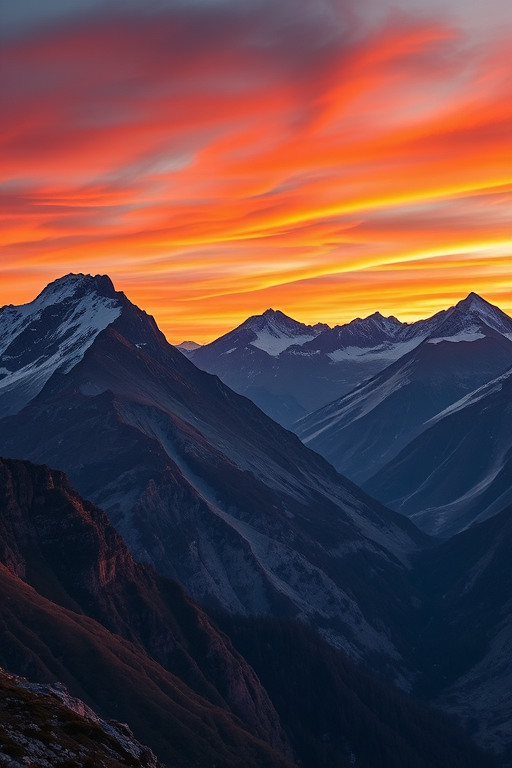 Create a high-resolution image of a majestic mountain landscape at sunset with vibrant colors, using a Canon EOS 5D Mark IV camera, ISO 100, aperture f/8, focal length 24mm, shot from a low angle in landscape orientation, employing a smooth HDR style for enhanced details and contrast.
