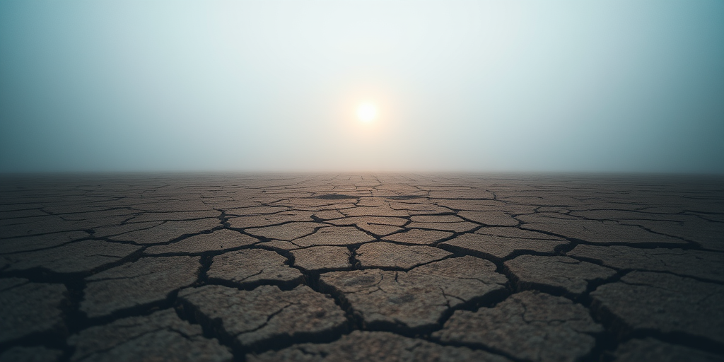 desolate landscape with a cracked earth surface and a faint luminous circular area surrounded by mist, captured with a Canon EOS R5, 50mm lens, f/1.8, ISO 100, with a soft focus effect and low-angle shot to enhance depth and clarity