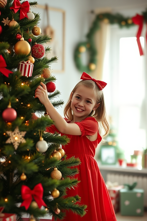 Regenerate a cheerful holiday scene featuring a young girl in a red dress decorating a Christmas tree, captured with a Canon EOS R5, 50mm lens, f/1.8 aperture, soft natural lighting, bright color palette, and a cozy indoor setting with festive decor.