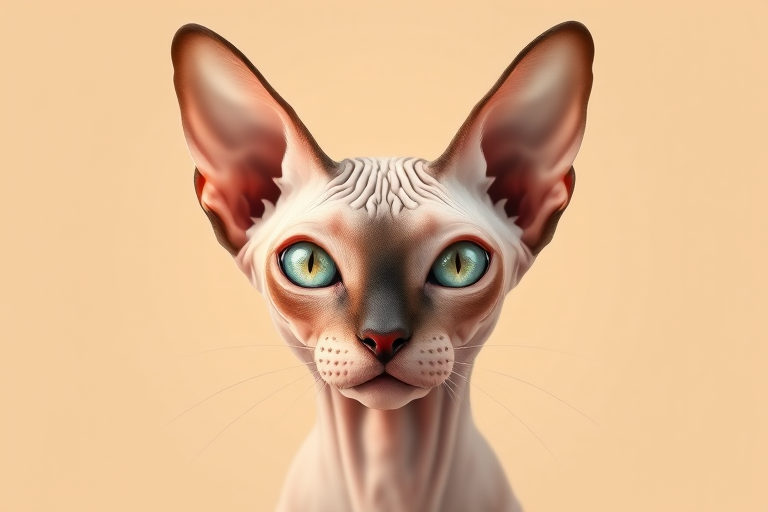 Create a digital illustration of a sphynx cat's face with a smooth beige background, using a 50mm lens, aperture f/2.8, shutter speed 1/125s, and ISO 100 for high detail and vibrant colors, in a flat design style.