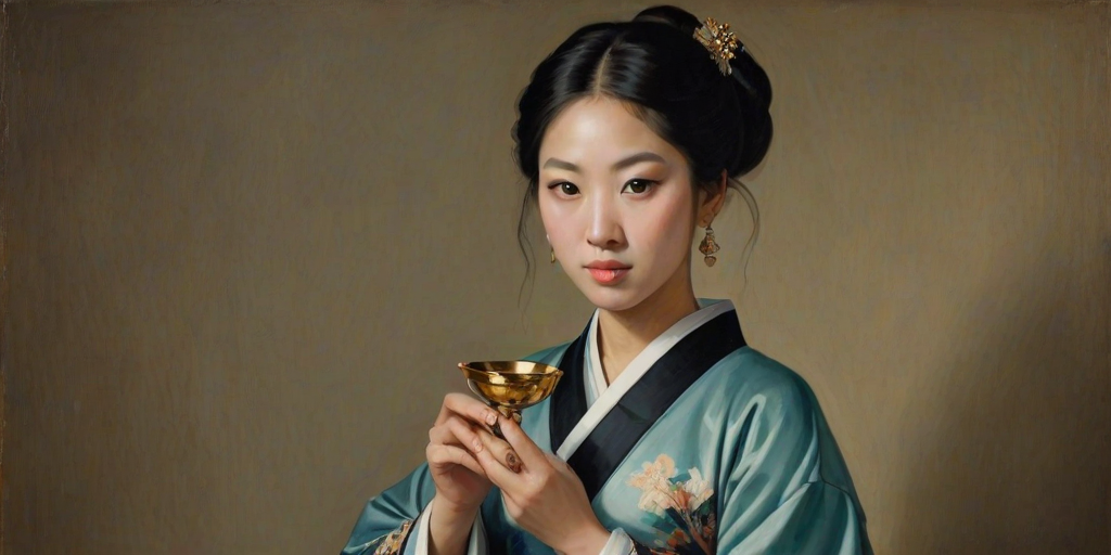 portrait of an asian woman holding small lycg chalice in her hand wearing a kimono with winged eye liner, renaissance style oil painting, carvaggio,