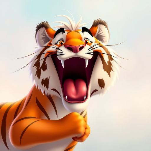 Disney style, cartoon illustration of an orange and white tiger with messy hair smiling very wide open mouth showing, in the Disney Pixar animation style, in the style of Don Bluth, full teeth body, with a very detailed face, very detailed eyes, very detailed fur, full color, very colorful, with a very colorful background, soft pastel colors, high resolution, high quality, high detail, hyper realistic