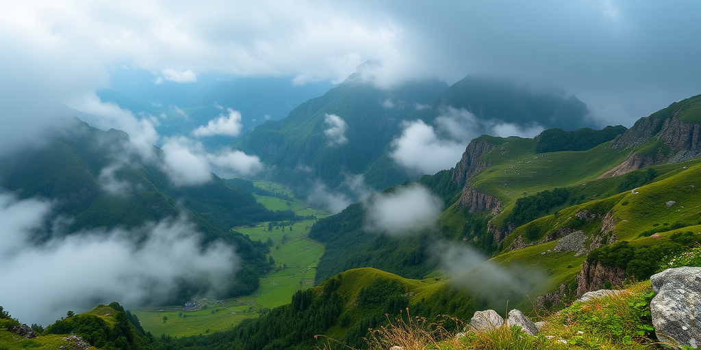 capture a misty mountain landscape with lush green valleys and towering peaks using a Canon EOS R5, 24mm f/1.4 lens, aperture set to f/8, ISO 100, shutter speed 1/125s, top-down view, soft focus for a dreamy atmosphere