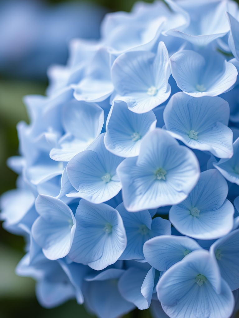 capture a close-up of soft blue hydrangea flowers with shallow depth of field, natural lighting, ISO 100, aperture f/2.8, 50mm lens, macro photography style, high resolution