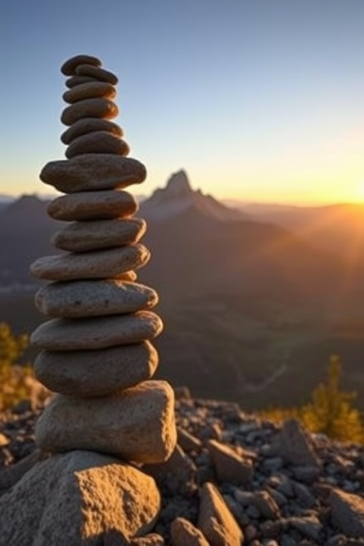 create a scenic landscape with a stack of balanced stones in the foreground, mountains in the background under a clear sky, golden hour lighting, DSLR camera settings: f/8, ISO 100, 1/125s, 24mm lens, wide-angle view, high dynamic range photography