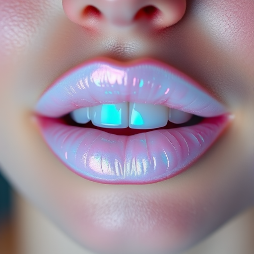 Radiant opal lips shimmer with iridescent white and pastel rainbow hues, creating a magical and ethereal effect perfect for editorial imagery