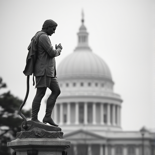 Capture a high-resolution black and white photograph of a statue in the foreground with a soft focus on a foggy dome in the background, using a Canon EOS R5 camera with a 50mm lens at f/1.8, ISO 100, shutter speed 1/200s, in a portrait composition from a low angle perspective.