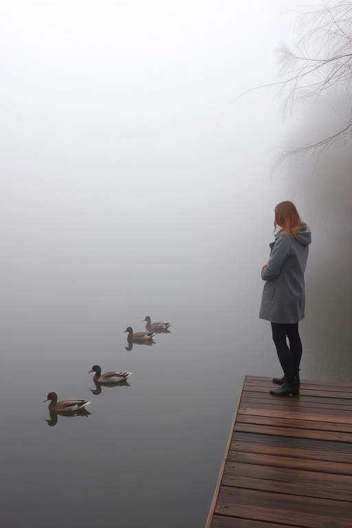 Fog rolling over a tranquil river, ducks swimming by, and a lone woman standing on a wooden dock, staring into the mist.