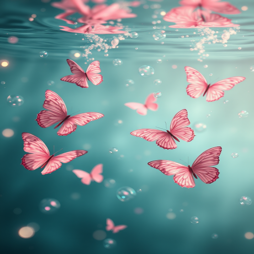 Create an image of a serene underwater scene with delicate pink butterflies floating amidst shimmering bubbles and soft, flowing water reflections. Add a gentle sparkle effect to enhance the ethereal quality of the composition.