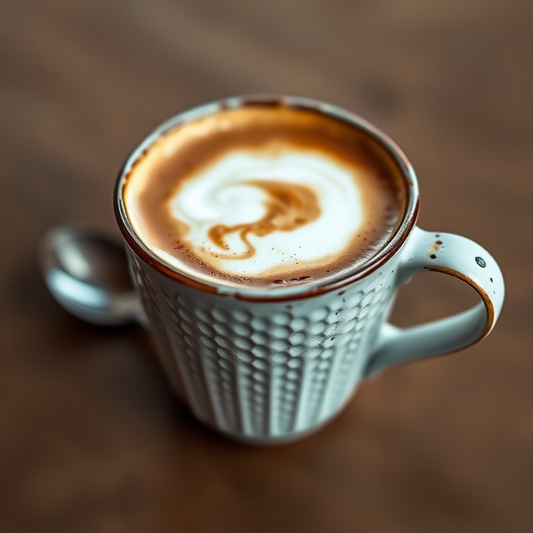 Create a high-resolution geometric art image of a cappuccino in a textured cup with a spoon on the side, using a DSLR camera with a 50mm lens, aperture f/2.8, ISO 100, and a shallow depth of field for enhanced focus and clarity.