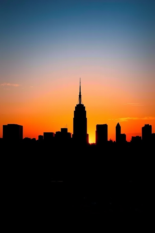 Generate a high-resolution image of a silhouette of a city skyline against a sunset background, using a DSLR camera with a 50mm lens, aperture f/2.8, ISO 100, shutter speed 1/250s, in landscape orientation and HDR style for enhanced details.