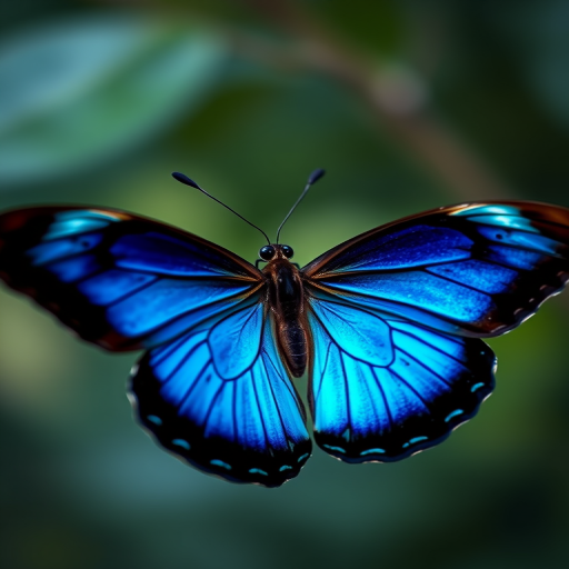 Create a hyper-realistic image of a Morpho butterfly in vibrant blue and black colors, captured with a Canon EOS 5D Mark IV, 100mm f/2.8 macro lens, f/4 aperture, ISO 200, and a shutter speed of 1/200 sec, against a soft, blurred natural background for depth.