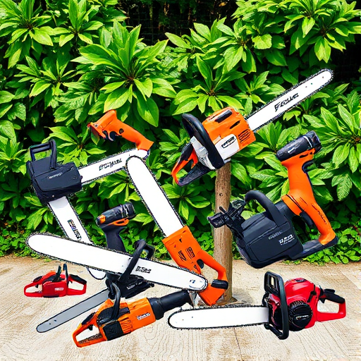 Create a high-resolution illustration of various chainsaws including electric, gas-powered, and handheld models, arranged artistically with green foliage in the background, shot with a DSLR camera at f/2.8, ISO 100, 50mm lens, in bright daylight for enhanced clarity and detail.